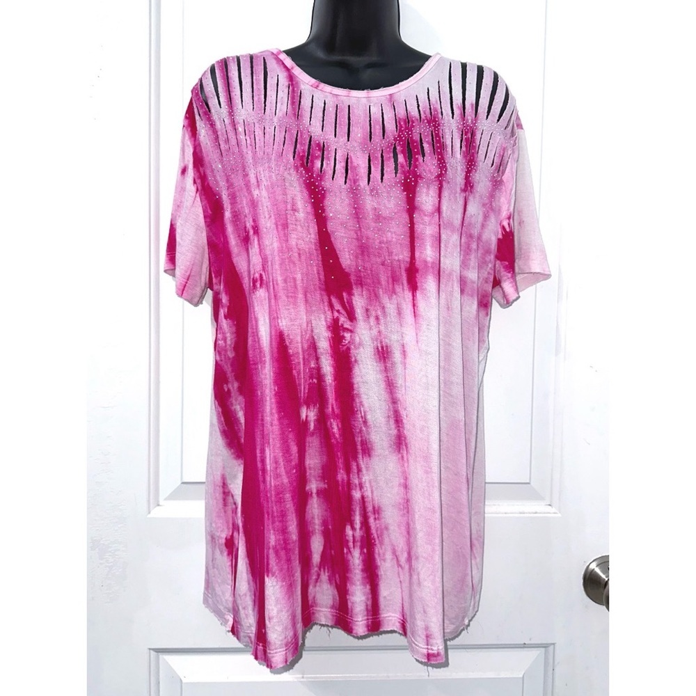VOCAL Pink & White Tie Dye Laser Cut Short sleeve top  w/ Rhinestones